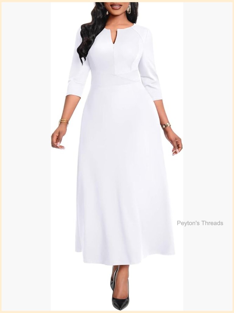 Maxi Dress With Pockets - Zipper Front 3/4 Sleeve Casual Work Church